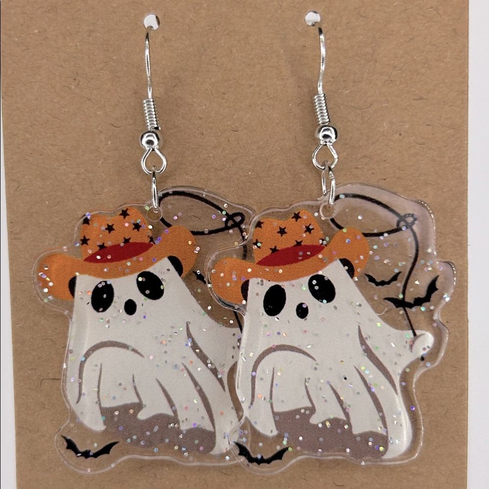 Sparkling Cowboy Ghost Halloween Earrings 2D Acrylic Cartoon Fashion Jewelry - Picture 4 of 4